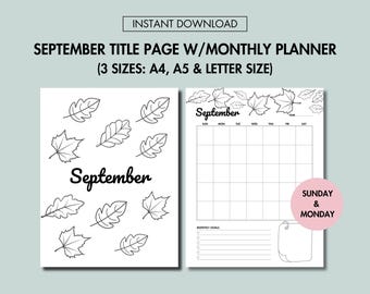 September Journal Title Page & September Monthly Planner Undated Printable September Journal Cover Page and September Calendar Undated PDF