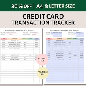 Rastreador de transacciones de tarjetas de crédito imprimible y rellenable Rastreador de pagos de deudas de tarjetas de crédito Planificador de finanzas personales Rastreador de gastos de tarjetas de crédito