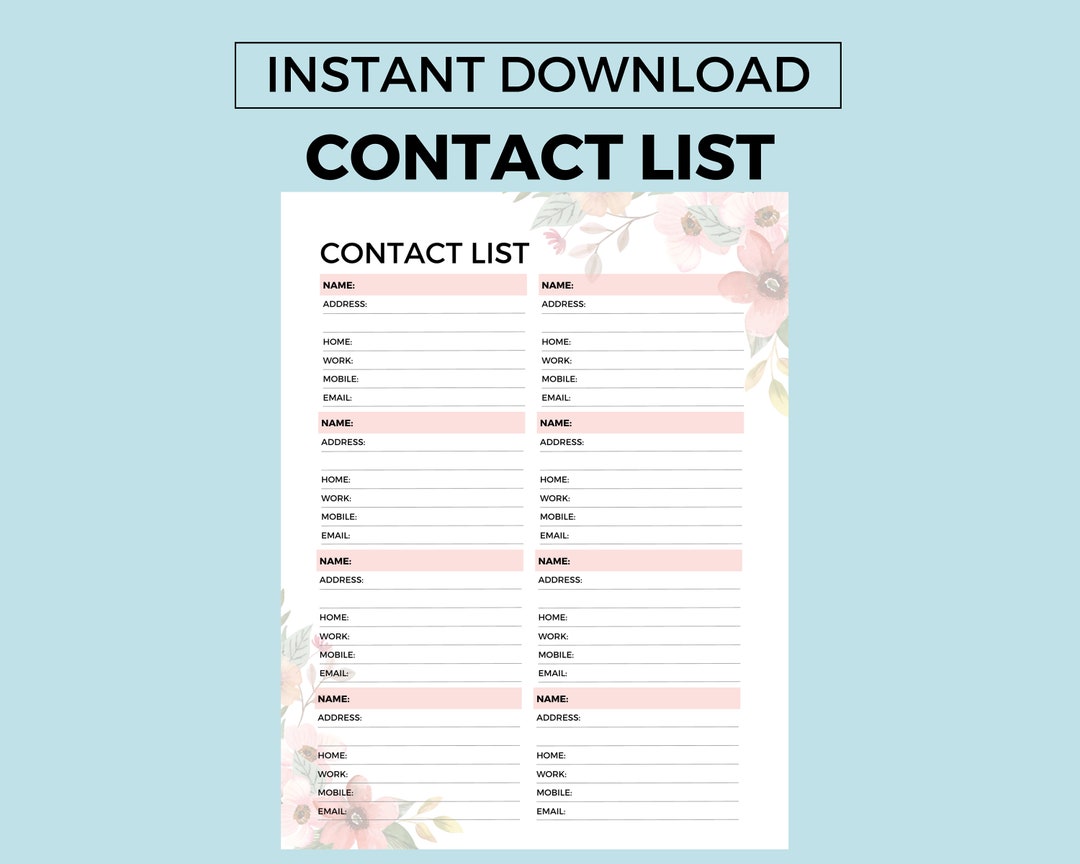 Contact List Printable Digital Download Printable Address - Etsy
