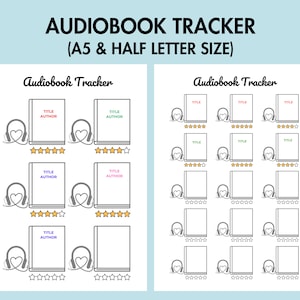 Könnte beinhalten: Druckbarer Hörbuch-Tracker mit einem Buch- und Kopfhörer-Symbol. Der Tracker bietet Platz zum Schreiben von Titel, Autor und zur Bewertung des Buches mit Sternen. Der Tracker ist in A5 und halbem Briefformat erhältlich.