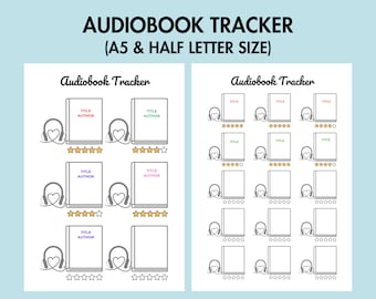 Puede incluir: Plantilla de seguimiento de audiolibros imprimible con un icono de libro y auriculares. El seguimiento tiene espacio para escribir el título, el autor y calificar el libro con estrellas. El seguimiento está disponible en tamaño A5 y media carta.