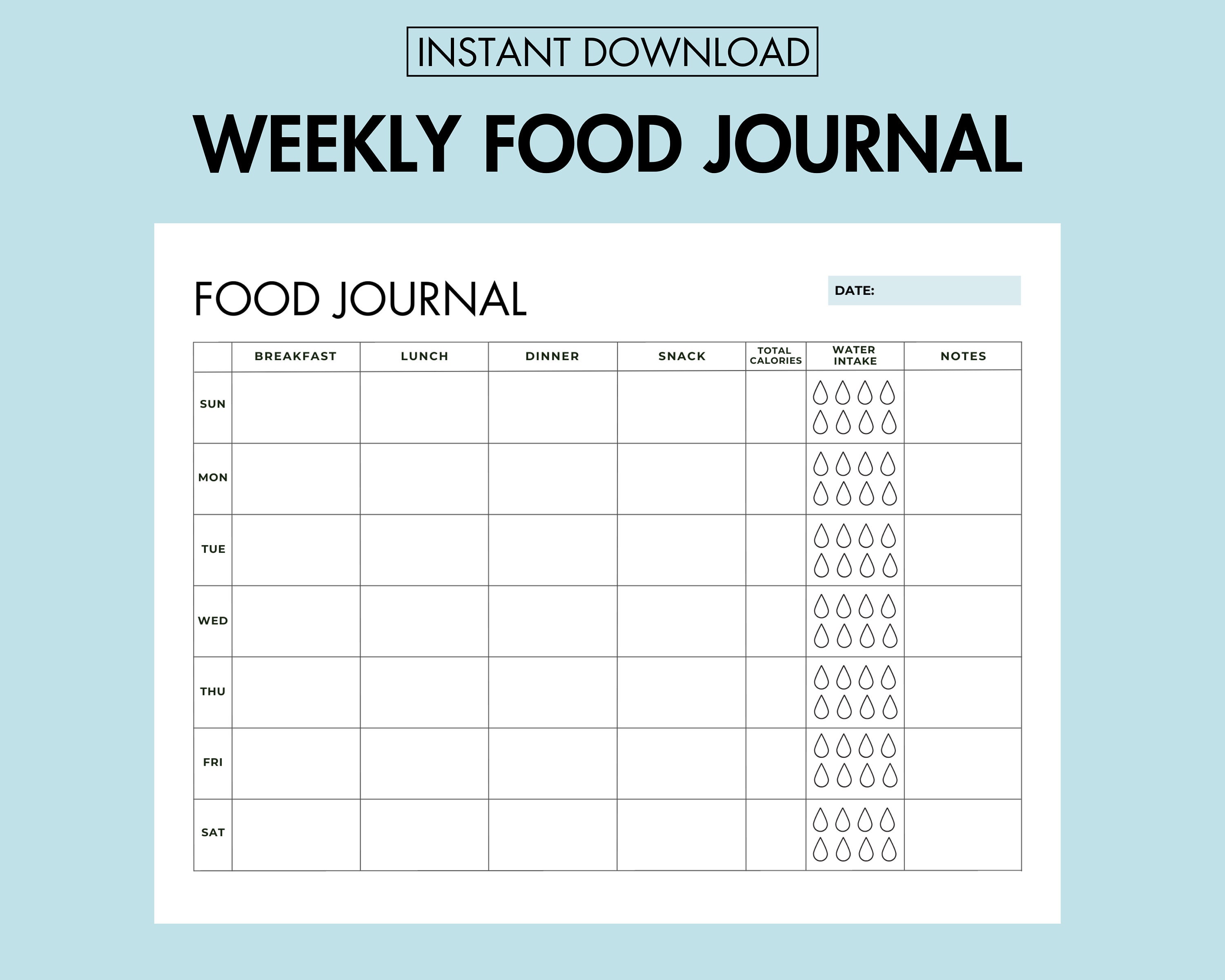 Weekly Food Journal Printable Meal Planner PDF, Weekly Weight Loss Journal Printable Food ...