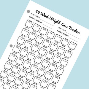 May include: A black and white printable weight loss tracker with 52 numbered weeks, each with a scale icon. The tracker includes spaces to write in the start date, current weight, end date, and target weight.