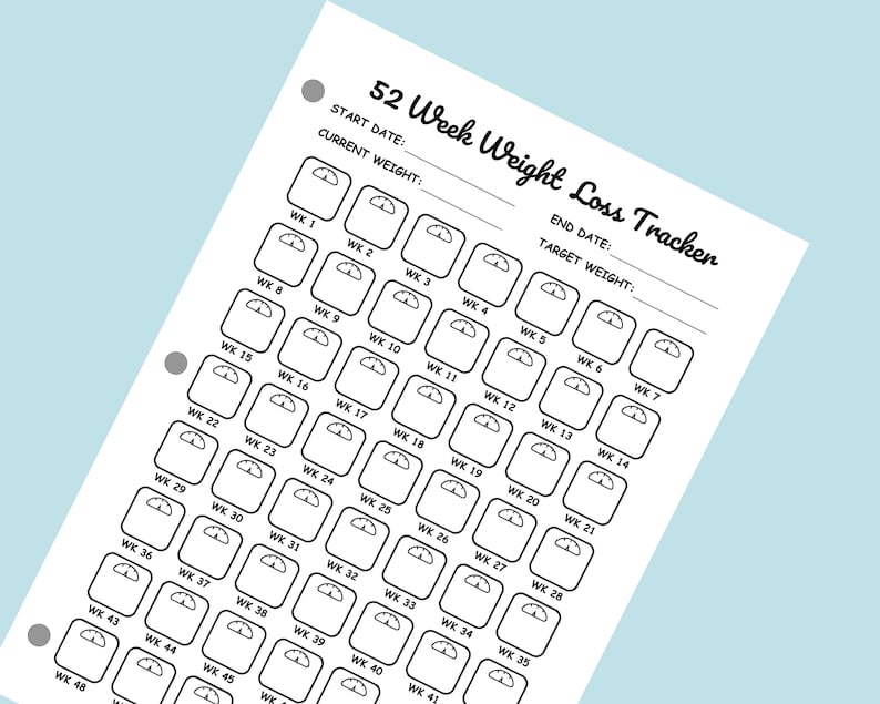 May include: A black and white printable weight loss tracker with 52 numbered weeks, each with a scale icon. The tracker includes spaces to write in the start date, current weight, end date, and target weight.