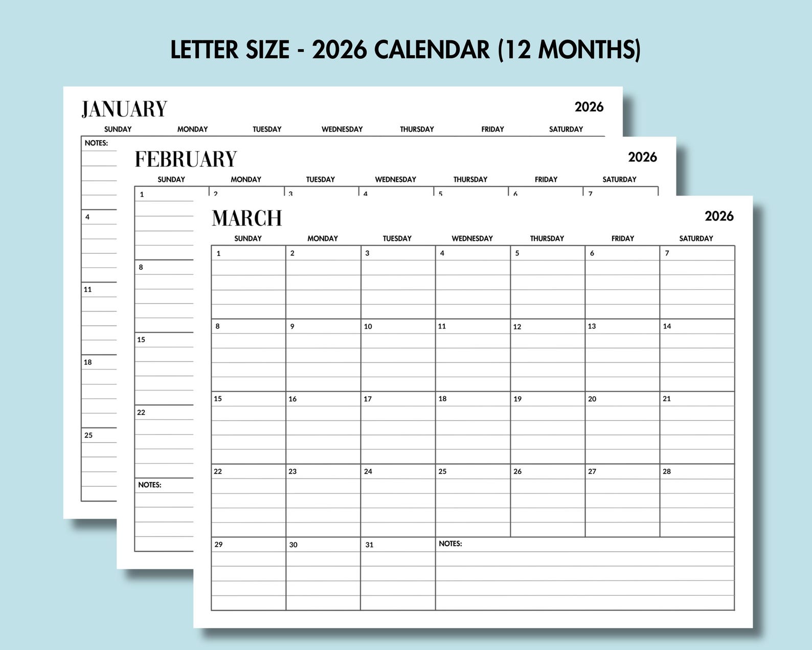 2026 Monthly Calendar Printable 2026 Monthly Planner With Notes, 2026 ...
