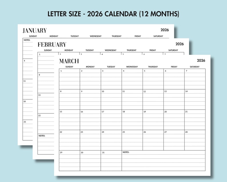 May include: A stack of three letter-size 2026 monthly calendars. The calendars are white with black text, displaying the months of January, February, and March. The top of each calendar has the year 2026.