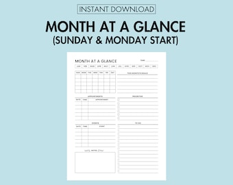 Month at a Glance Printable Monthly Schedule Planner PDF Monthly To Do Planner, Monthly Productivity Planner Minimalistic Monthly Planner