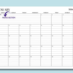 May include: A white 2026 January calendar with a grid layout. The calendar includes days of the week, dates, and a notes section. The word "January" is at the top, with the year "2026" in the upper right corner.