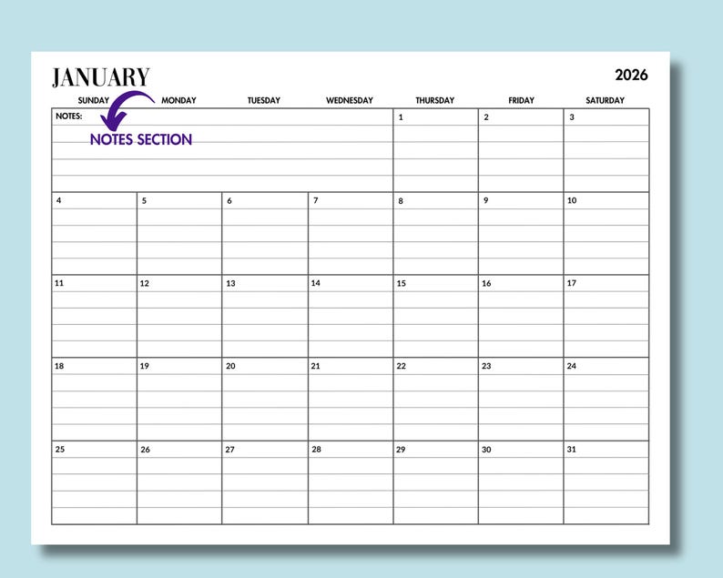 May include: A white 2026 January calendar with a grid layout. The calendar includes days of the week, dates, and a notes section. The word "January" is at the top, with the year "2026" in the upper right corner.