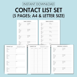 Contact List Printable Address Book PDF Home Emergency Contact List, Family and Friend Contact Organizer Printable Phone Number List Planner