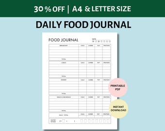 Daily Food Journal Printable Food Monitoring Log, Daily Meal Planner Daily Food and Calorie Tracker  Weight Loss Planner Health and Wellness