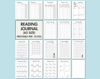 May include: A printable reading journal with 18 pages in A5 size. The journal includes pages for tracking reading progress, book challenges, favorite quotes, and more. The pages are black and white with illustrations of books and stacks of books.