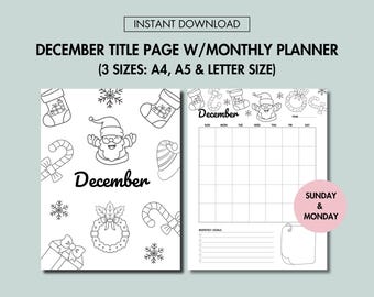 December Planner Title Page & December Monthly Planner Undated Set Printable December Journal Cover Page and December Calendar Undated PDF