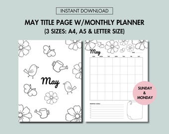 May Journal Title Page and May Monthly Planner Undated Printable May Cover Page and May Calendar Printable Title Page, Sunday Monday Start