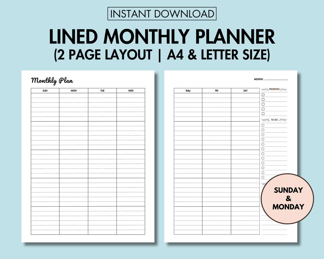 Monthly Planner Undated Printable Lined Monthly Calendar PDF Month at a ...