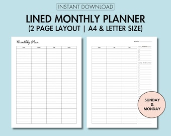 May include: A black and white printable monthly planner with lined sections for each day of the week. The planner is designed for use with a Sunday and Monday start to the week. The planner is labeled "Monthly Plan" and includes sections for "Priorities" and "To Do".