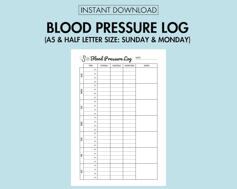Blood Pressure Tracker Printable Weekly BP Record Sheet PDF Heart ...