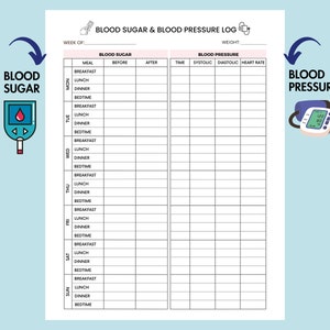 May include: A printable blood sugar and blood pressure log with a weekly calendar, space to record blood sugar levels before and after meals, and blood pressure readings with systolic, diastolic, and heart rate.