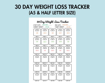 Weight Loss Tracker Printable Daily Weight Loss Journal 30 Day Body Measurement Log, Daily Weight Tracker Health Planner PDF A5 Journal Page