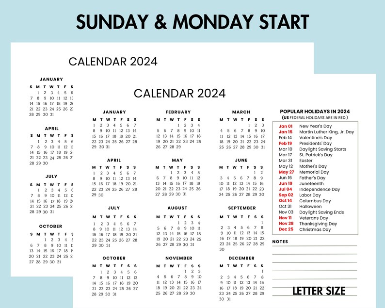 2024 Yearly Calendar With US Holidays, 2024 Yearly Overview Printable