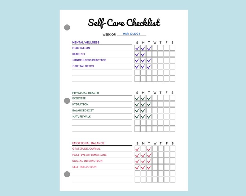 Self Care Checklist Printable Personal Wellness Planner PDF, Weekly ...