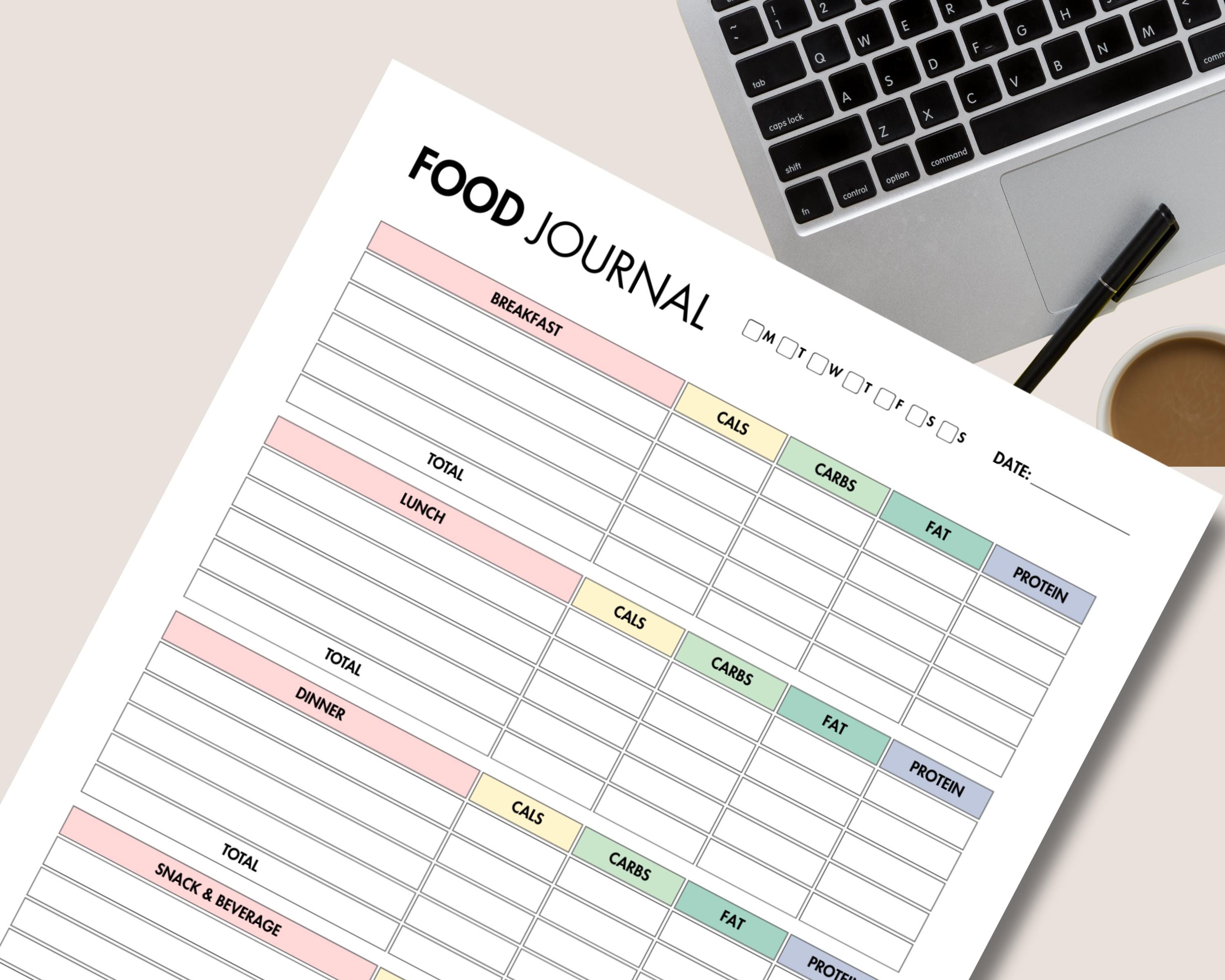 Daily Food Journal Printable and Fillable Calorie Tracker, Daily Food ...