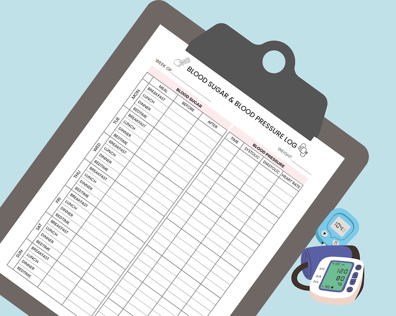 May include: A printable blood sugar and blood pressure log with a weekly calendar layout. The log includes columns for meal, blood sugar before and after, time, systolic, diastolic, and heart rate. The image also includes a digital blood pressure monitor and a blood glucose meter.