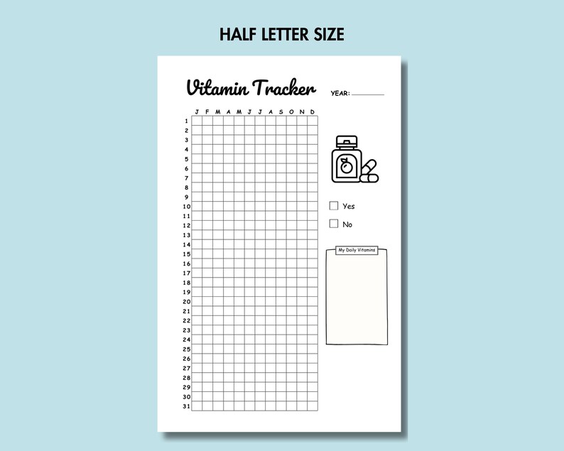 Pode incluir: Rastreador de vitaminas imprim&iacute;vel em preto e branco com uma grade para cada dia do m&ecirc;s e uma se&ccedil;&atilde;o para notas di&aacute;rias. O rastreador inclui uma pequena ilustra&ccedil;&atilde;o de um frasco de p&iacute;lulas e uma caixa de sele&ccedil;&atilde;o para tomar vitaminas.