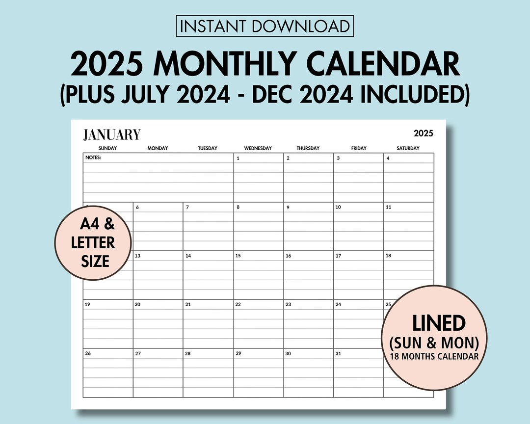 2025 Monthly Calendar Planner & 2024 Calendar (jul to Dec), 2025 Lined Calendar Printable 18