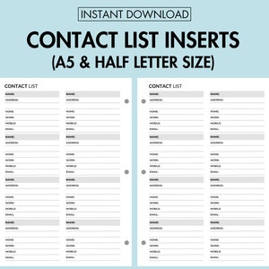 Personal Contact List Printable Address Notebook Page Phone Number List PDF, Emergency Contact Organizer for Office and Home A5 Journal Page