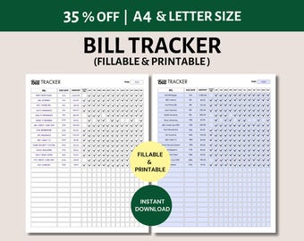 Bill Tracker Printable and Fillable Monthly Yearly Bill Payment Log, Debt Payment Tracker Bill Pay Organizer, Personal Finance Bill Planner