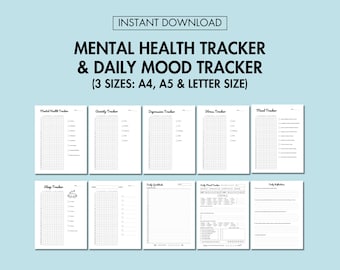 May include: Printable mental health and daily mood tracker in three sizes: A4, A5, and letter. The tracker includes sections for anxiety, depression, stress, mood, sleep, daily gratitude, and daily reflection.