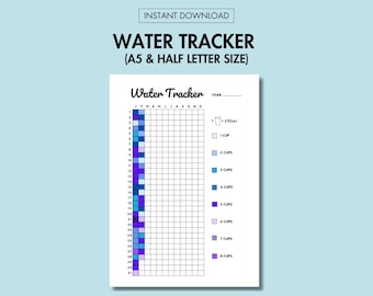 Puede incluir: Un rastreador de agua imprimible con una cuadrícula para cada mes del año. La cuadrícula está codificada por colores para representar el número de vasos de agua consumidos, de 1 vaso a 8 vasos. El rastreador está diseñado para papel de tamaño A5 y media carta.