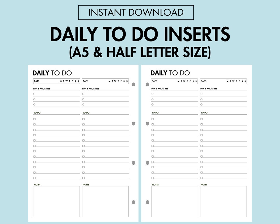 Daily to Do List Printable for A5 Size Daily Task Checklist Planner PDF ...