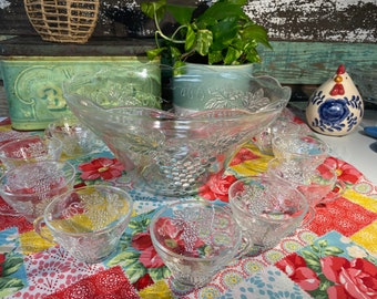 Vintage Anchor Hocking Punch Bowl Set, Raised Grape Leaf Pattern, 12 Cups + Serving Bowl