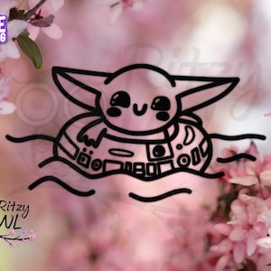 May include: Black and white line art illustration of a baby Yoda character wearing a life preserver shaped like the Millennium Falcon. The image is set against a pink and white floral background.