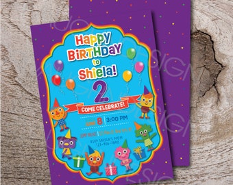 May include: Purple birthday invitation with a rainbow border and colorful characters. The invitation says "Happy Birthday to Shiela! 2 Come Celebrate! June 8 3:00 PM Jump Palace RSVP Shiela's Mom 123-456-7890"