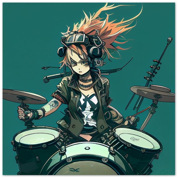 AI Image Generator: Anime painting of phil collins playing drums, full body  portrait