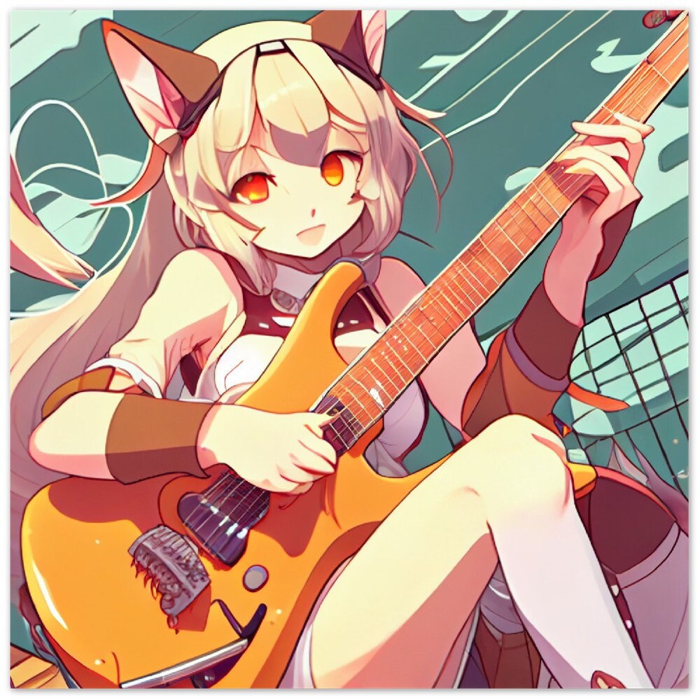 Anime Cat Girl Playing Guitar Poster 46x33 Anime Wall Art V3 