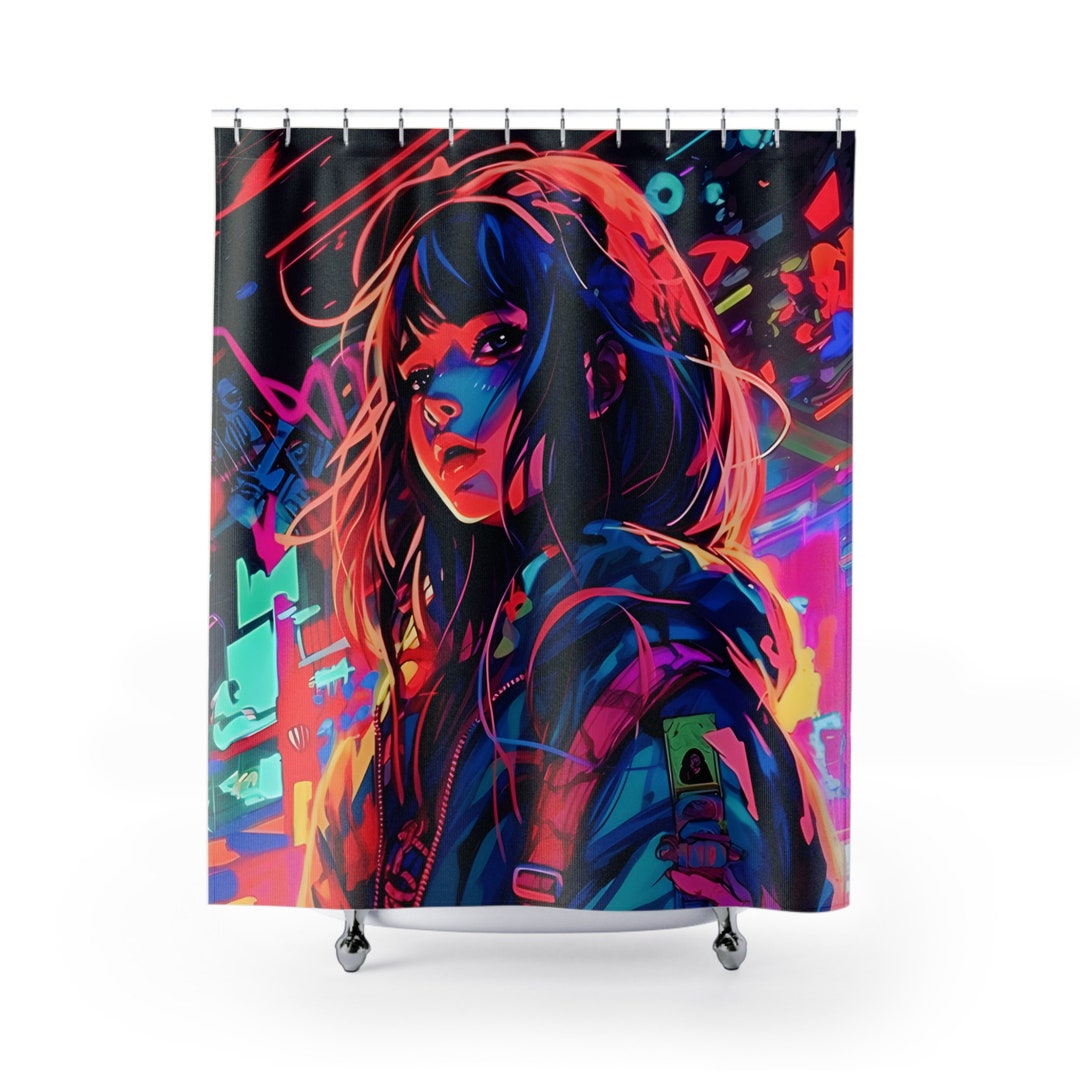 Neon Anime Girl Shower Curtain Anime Shower Curtain Etsy