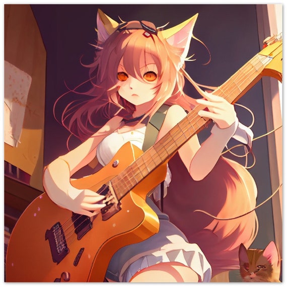 Anime Cat Girl Playing Guitar Aluminum Wall Art Living Room Decor 