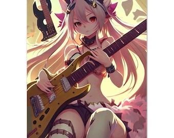 Anime Cat Girl Playing Guitar Poster 46x33 Anime Wall Art V2