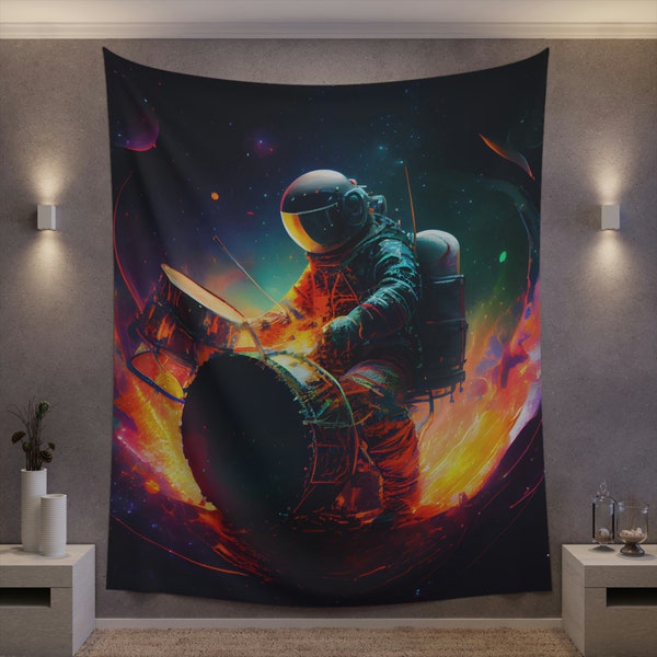 Astronaut Playing Drums Trippy Tapestry Wall Art Flag