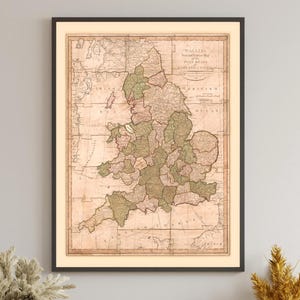 Vintage Reproduktion Post Roads Map England Wales, Karte aus dem 18.Jahrhundert, Antike, Archivpapierdruck, historisches Dekor