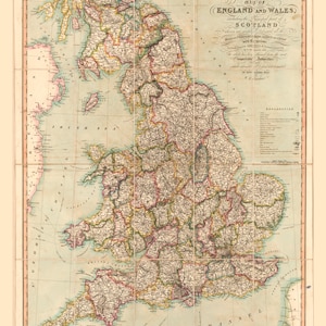 Ancienne carte de l'Angleterre et du Pays de Galles | Art de voyage antique | Colonial chic | Décoration murale victorienne | Télécharger la carte historique | Art mural numérique