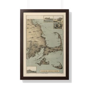 Carte encadrée de Nantucket à Boston de 1885 | impression vintage de vue aérienne | Art côtier historique du Massachusetts | Décoration nautique de la Nouvelle-Angleterre