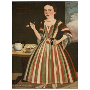 Colonial Portrait of Girl, Vintage Eclectic Wall Art, Antique Oil Painting