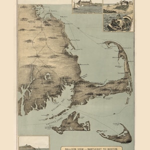 Télécharger la carte aérienne de Nantucket à Boston en 1885 | Art nautique vintage imprimable | Décoration murale historique de la Nouvelle-Angleterre