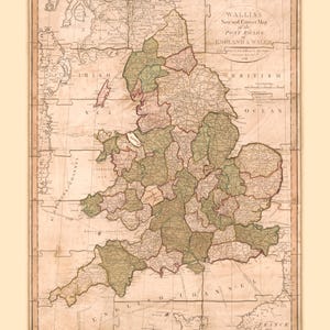1798 England & Wales Post Road Map | Digital Vintage Travel Art | Printable Antique UK Map | Old English Wall Decor