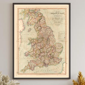 Carte coloriée à la main de 1823 de l'Angleterre, du Pays de Galles et du sud de l'Écosse | Reproduction d'art mural | Cartographie ancienne